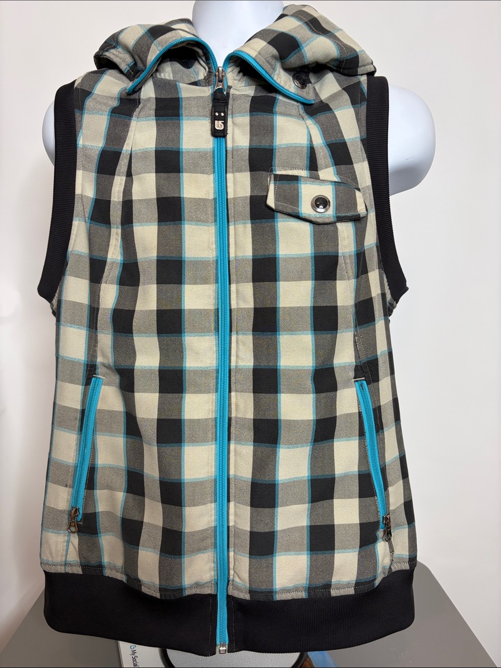 Burton Dryride Vest Plaid Zip Hooded Black White Womens XL